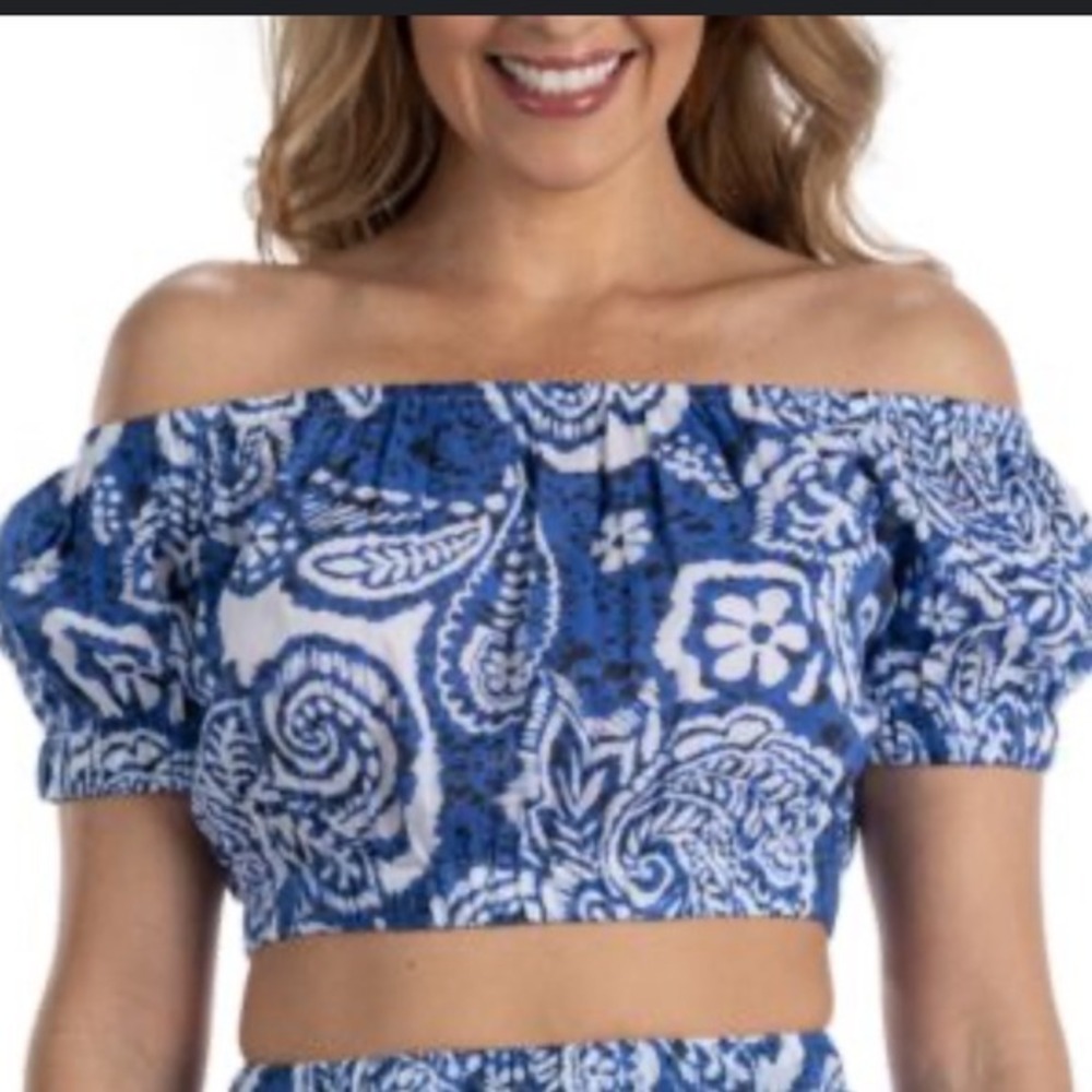 Dotti Women's Blue White Paisley Print Off Shoulder‎ Crop Top Cover Up